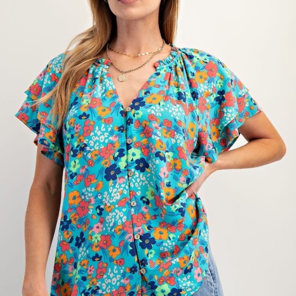 NEW EASEL FLORAL PRINT CHALLIS WOVEN TOP BUTTON DOWN SHIRT BLOUSE RAYON - Picture 3 of 8